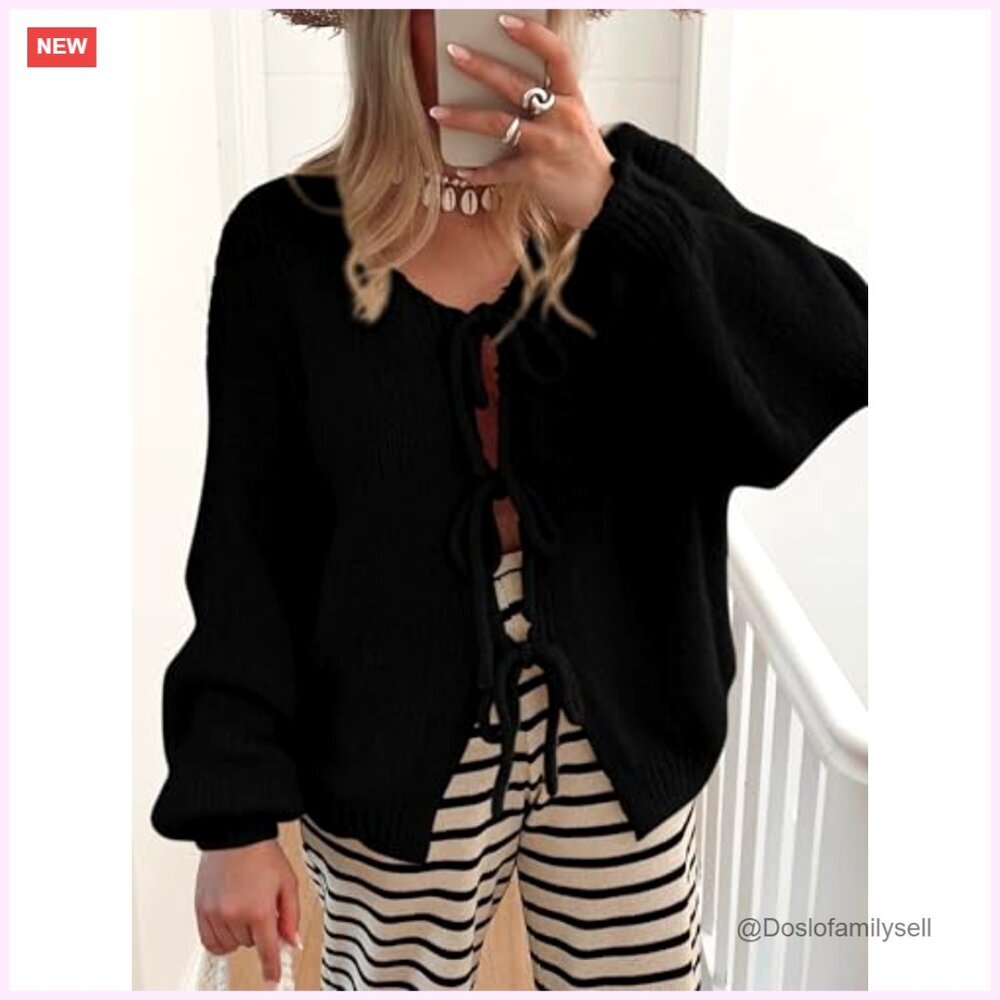 Oversized Chunky Knit Cardigan with Bow Tie Front, Long Sleeve Open Sweater - Picture 2 of 7